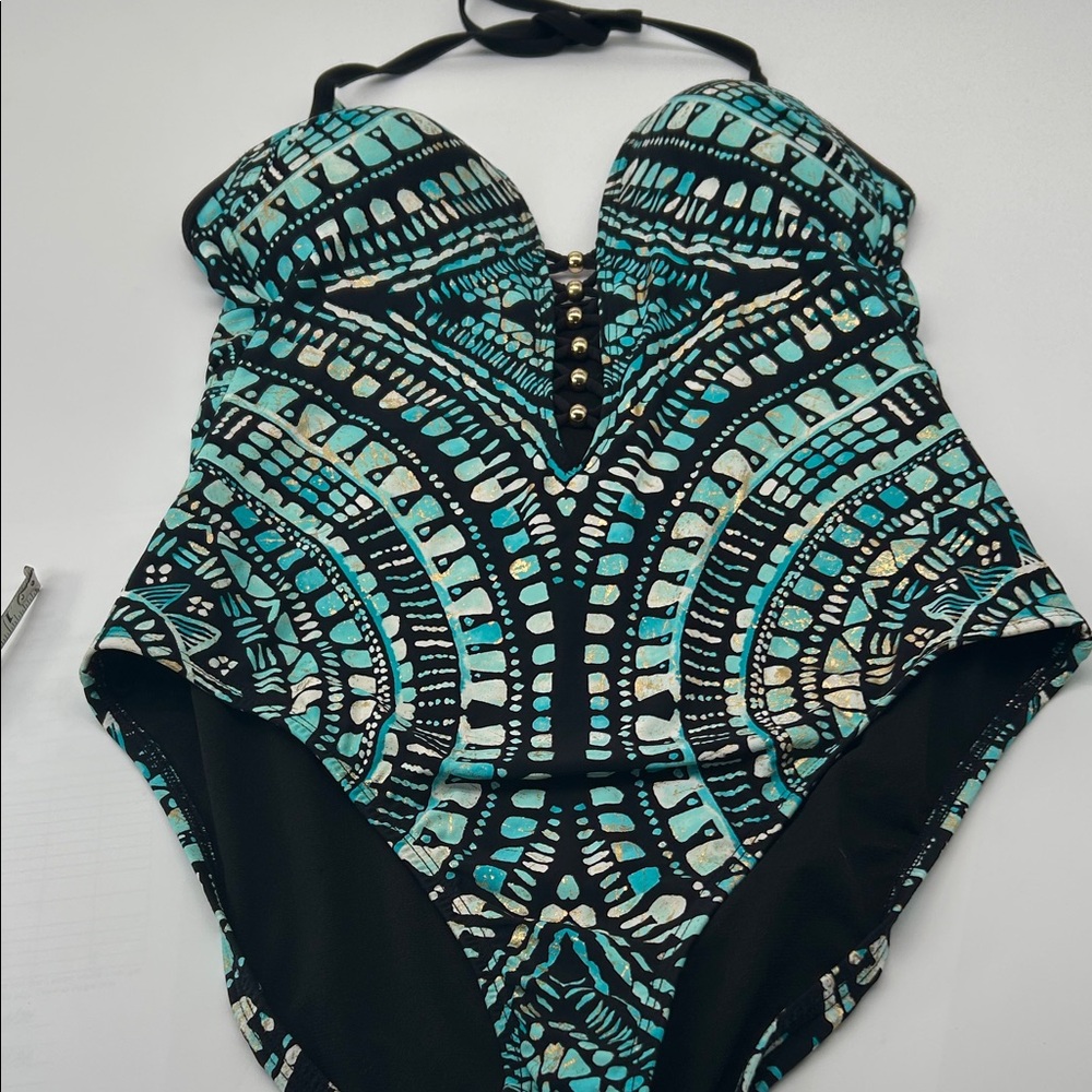 Womens Black & Teal Patterned One-Piece Swimsuit